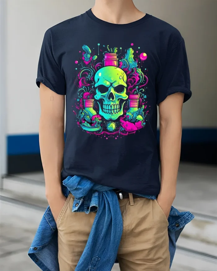 Neon Skull Garden T-Shirt Vibrant Skull Plant - model wearing navy shirt, hands in pockets
