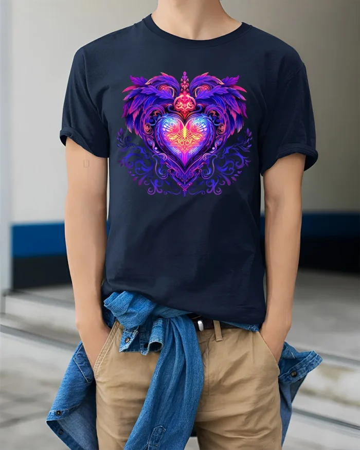 Mystic Heart Tee Intricate Colorful Heart Design - model wearing navy shirt, hands in pockets