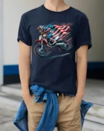 American MX Rider T-Shirt Dirt Bike Flag Tee - model wearing navy shirt, hands in pockets