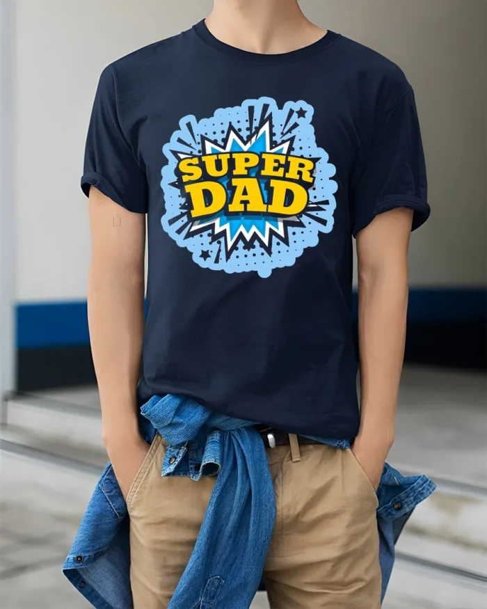 Super Dad Comic Hero Father’s Day T-Shirt - model wearing navy shirt, hands in pockets