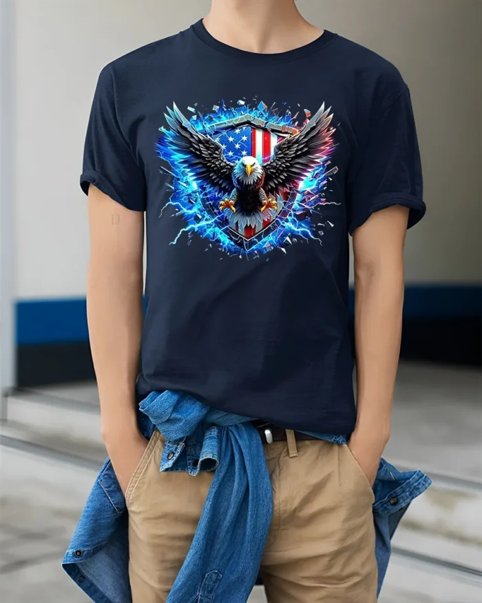 American Eagle Shield Tee Patriotic USA T-Shirt - model wearing navy shirt, hands in pockets
