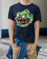 Vinyl Disorder Fish Funny Angry Fish T-Shirt - model wearing navy shirt, hands in pockets