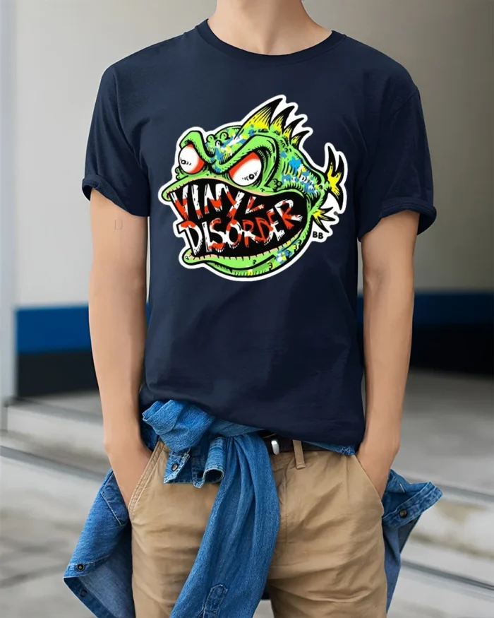 Vinyl Disorder Fish Funny Angry Fish T-Shirt - model wearing navy shirt, hands in pockets