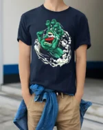 Santa Cruz Hand Iconic Skate T-Shirt Now - model wearing navy shirt, hands in pockets
