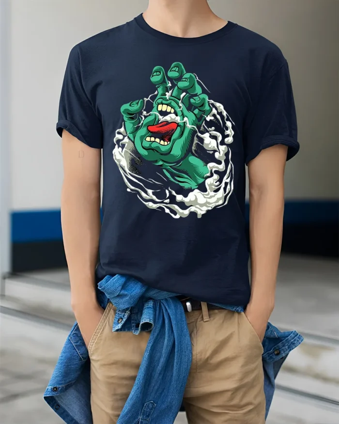 Santa Cruz Hand Iconic Skate T-Shirt Now - model wearing navy shirt, hands in pockets