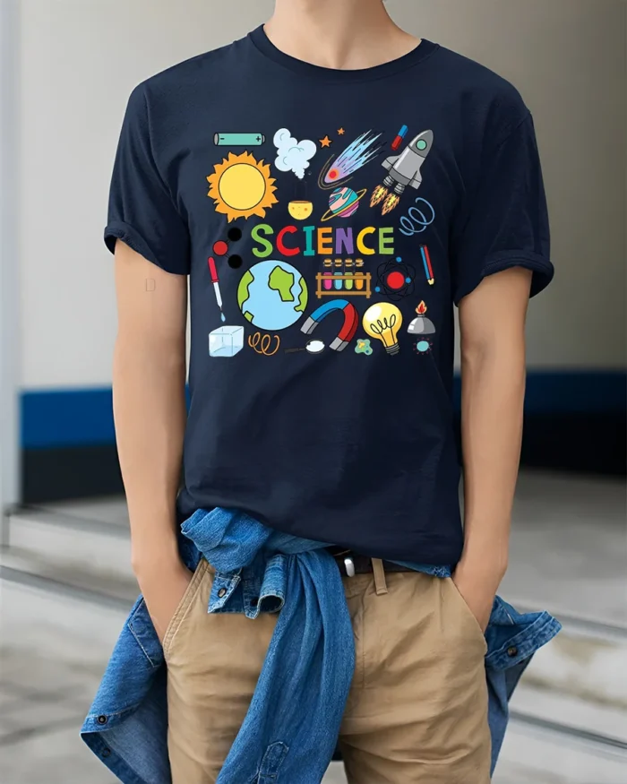 Science Fun Cool STEM Learning T-Shirt Gift - model wearing navy shirt, hands in pockets