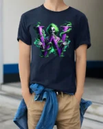 Mysterious W Joker Unique Villain Letter Shirt - model wearing navy shirt, hands in pockets