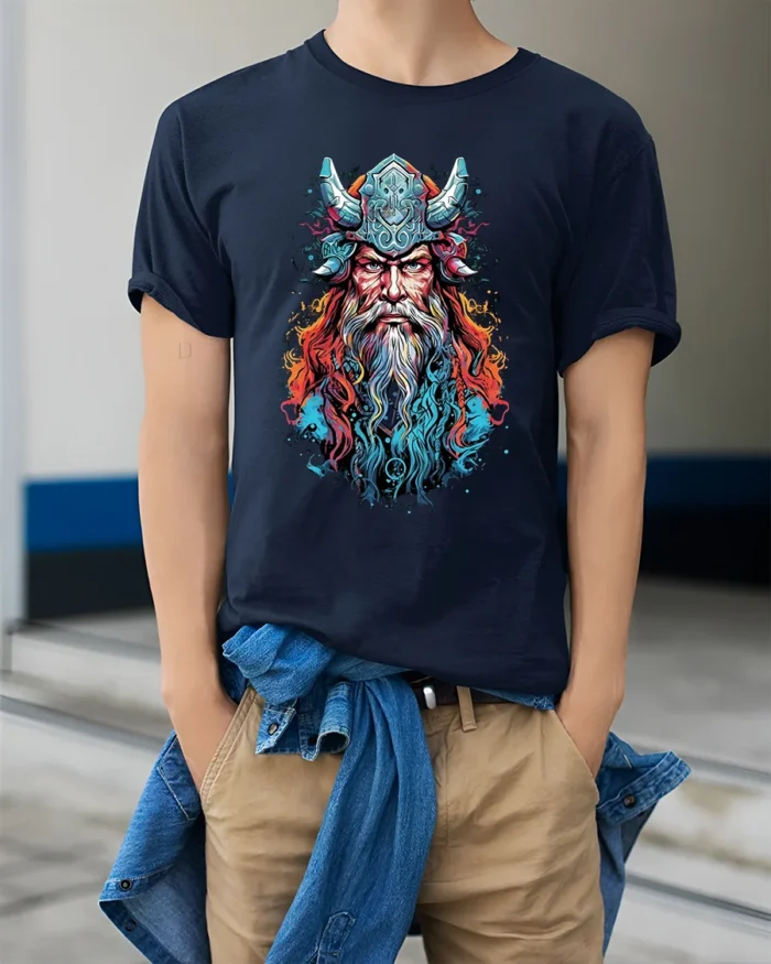 Viking Warrior Colorful Norse Mythology T-Shirt - model wearing navy shirt, hands in pockets