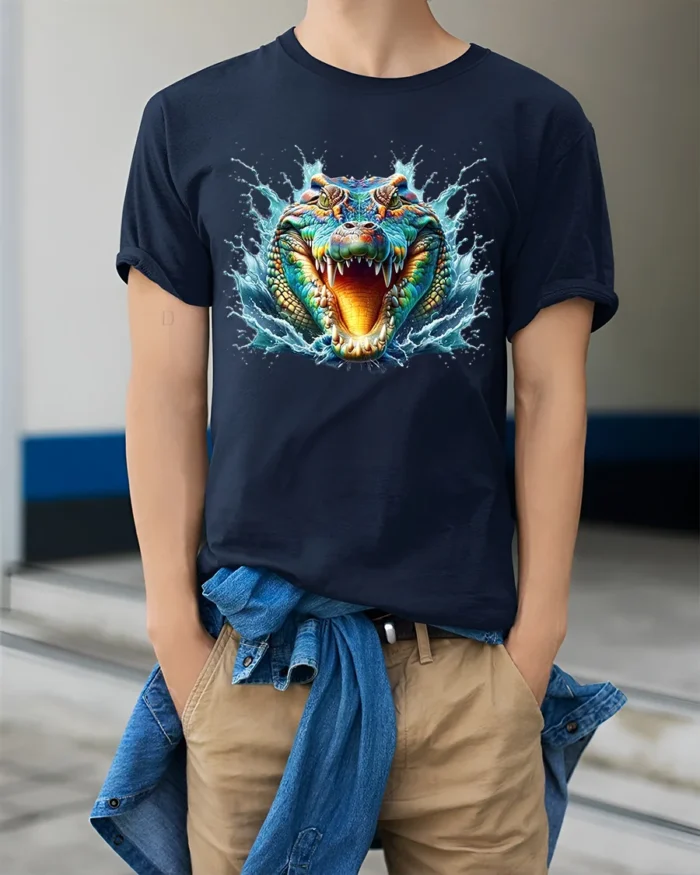 Swamp Gator T-Shirt Fierce Alligator Head Tee - model wearing navy shirt, hands in pockets