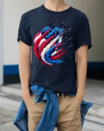 American Pride T-Shirt Fighter Jets Flag Tee - model wearing navy shirt, hands in pockets