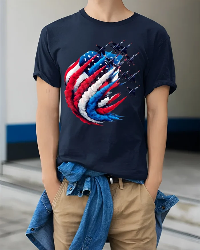 American Pride T-Shirt Fighter Jets Flag Tee - model wearing navy shirt, hands in pockets