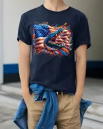 American Gator Tee Patriotic Alligator Flag T-Shirt - model wearing navy shirt, hands in pockets