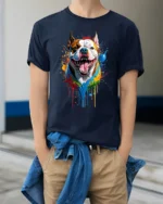Colorful Bully Tee American Bully Dog Art T-Shirt - model wearing navy shirt, hands in pockets