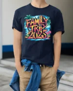 2025 Family Vacation T-Shirt Summer Trip Tee - model wearing navy shirt, hands in pockets