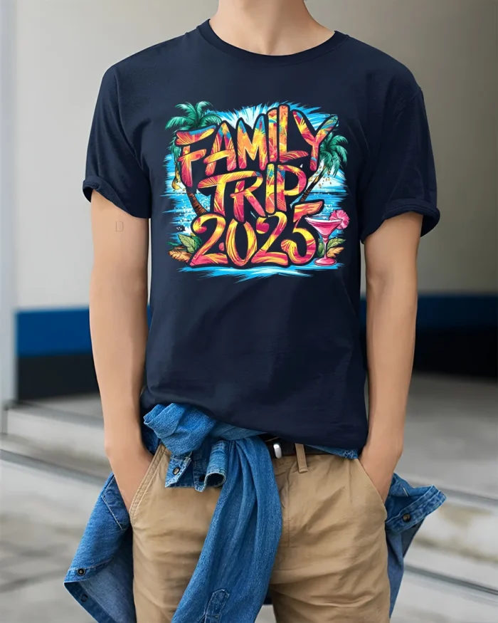 2025 Family Vacation T-Shirt Summer Trip Tee - model wearing navy shirt, hands in pockets