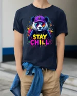 Stay Chill Panda T-Shirt Relaxed Bear Tee Now - model wearing navy shirt, hands in pockets