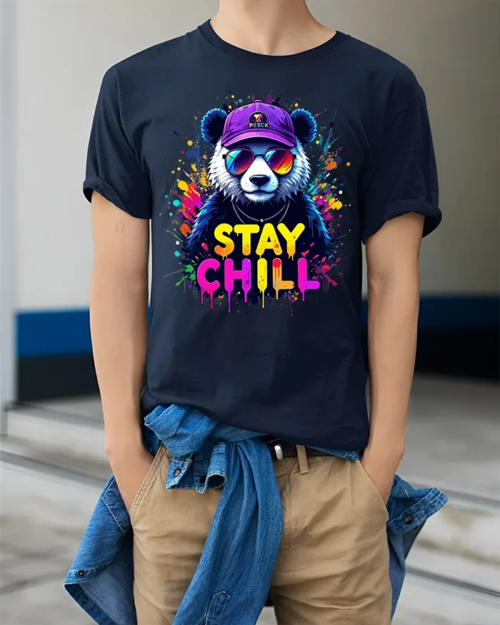 Stay Chill Panda T-Shirt Relaxed Bear Tee Now - model wearing navy shirt, hands in pockets