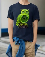 Electric Owl Vibrant Green Forest Bird Shirt - model wearing navy shirt, hands in pockets