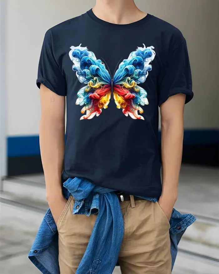 Smoke Butterfly Colorful Abstract Art T-Shirt - model wearing navy shirt, hands in pockets