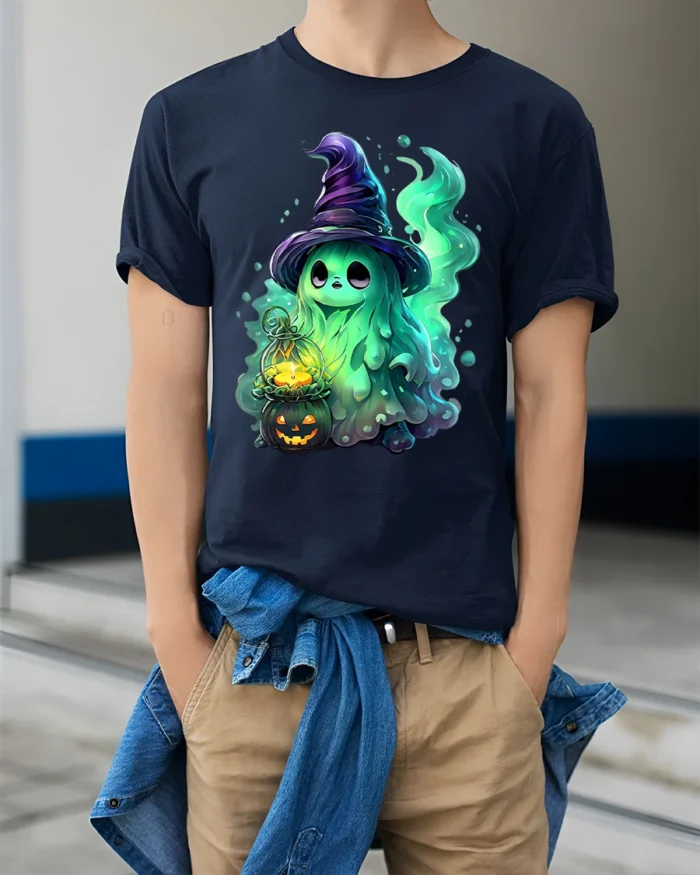 Cute Witch Ghost Funny Halloween Spirit T-Shirt - model wearing navy shirt, hands in pockets