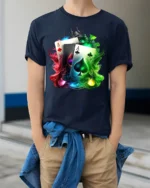 Ace Card Colorful Poker Hand T-Shirt Gif - model wearing navy shirt, hands in pockets