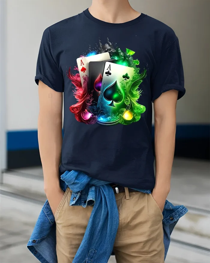 Ace Card Colorful Poker Hand T-Shirt Gif - model wearing navy shirt, hands in pockets