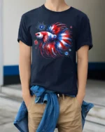 Red White Blue Fish T-Shirt American Betta Tee - model wearing navy shirt, hands in pockets
