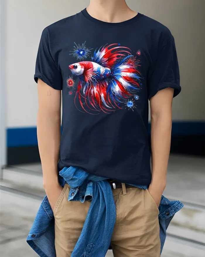 Red White Blue Fish T-Shirt American Betta Tee - model wearing navy shirt, hands in pockets