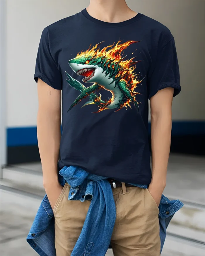 Fire Shark Cool Flaming Shark T-Shirt Graphic - model wearing navy shirt, hands in pockets