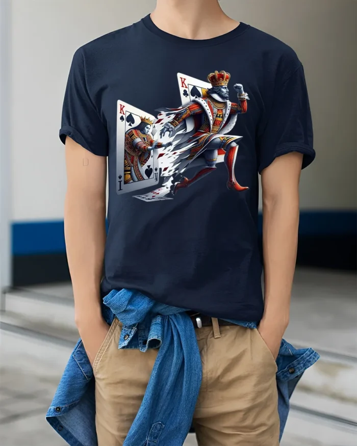 Breaking King Ace Card Poker T-Shirt Graphic - model wearing navy shirt, hands in pockets