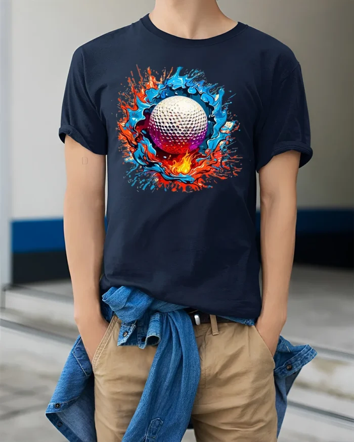Splash Golf Colorful Golf Ball Graphic T-Shirt - model wearing navy shirt, hands in pockets
