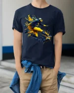 Michigan Wolverines Splash Football Fan T-Shirt - model wearing navy shirt, hands in pockets