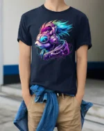Cyber Squirrel Futuristic Animal Graphic T-Shirt - model wearing navy shirt, hands in pockets