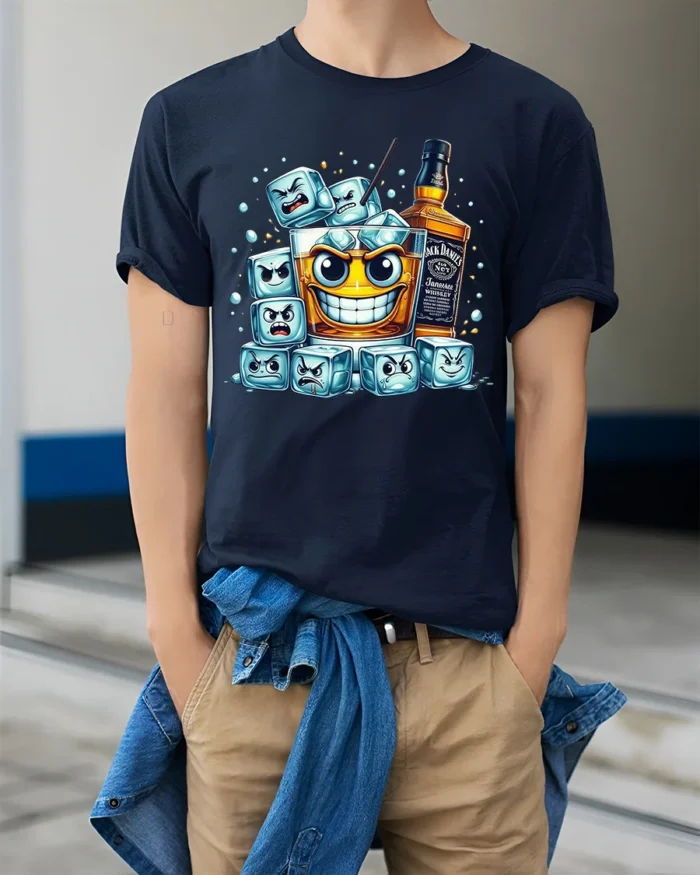 Whiskey Mood Funny Drink Ice Cube T-Shirt - model wearing navy shirt, hands in pockets