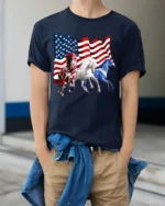 USA Flag Horses Patriotic American Pride T-Shirt - model wearing navy shirt, hands in pockets