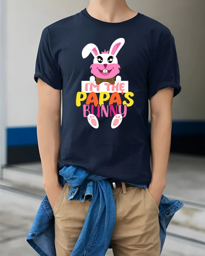 I’m Papa’s Bunny T-Shirt Funny Easter Dad Tee - model wearing navy shirt, hands in pockets