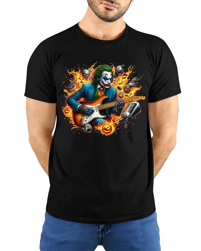 Joker Guitar Hero Funny Villain Music T-Shirt - model wearing black shirt, hands behind back