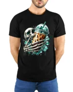 Skull Iced Coffee Funny Skeleton Drink T-Shirt - model wearing black shirt, hands behind back