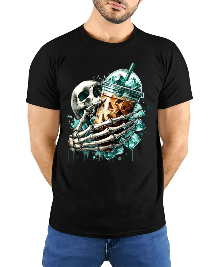Skull Iced Coffee Funny Skeleton Drink T-Shirt - model wearing black shirt, hands behind back
