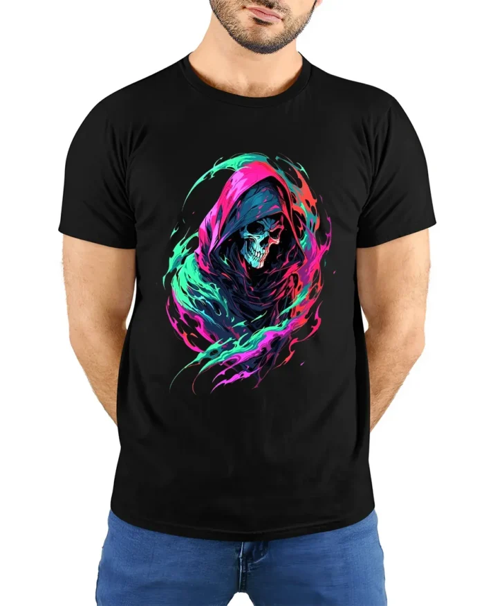 Neon Reaper Colorful Grim Reaper Graphic T-Shirt - model wearing black shirt, hands behind back