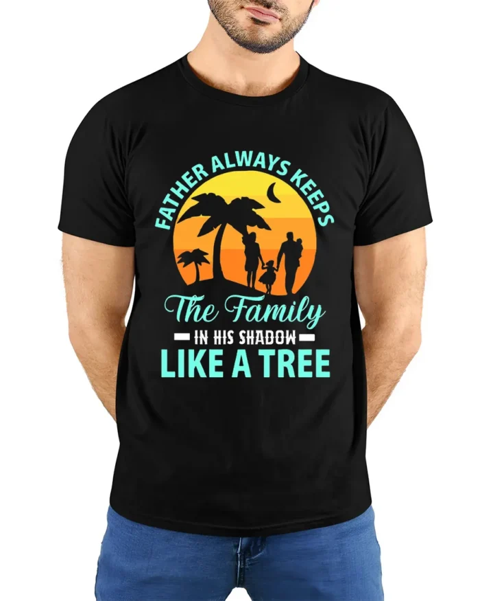 Father Like A Tree Strong Dad Family T-Shirt - model wearing black shirt, hands behind back