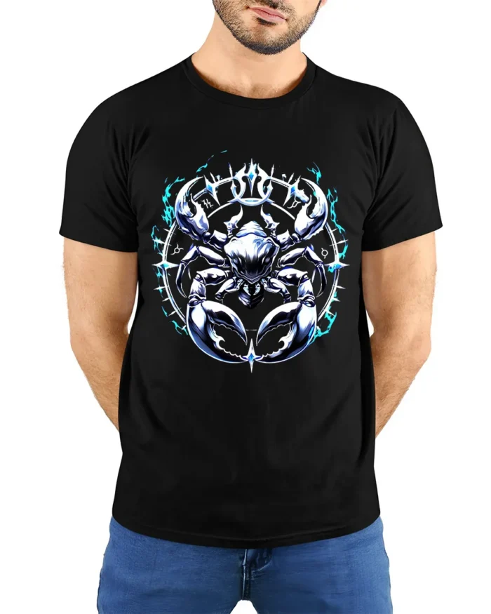 Astrology Cancer Horoscope Crab T-Shirt Gift - model wearing black shirt, hands behind back