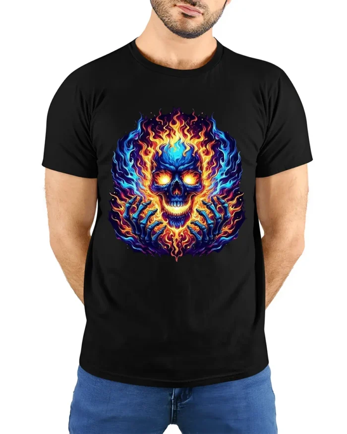 Burning Skull Hands T-Shirt Edgy Fire Skull Tee - model wearing black shirt, hands behind back