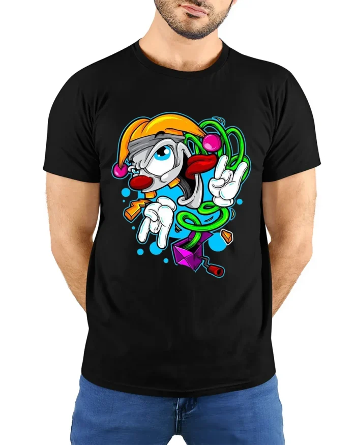 Groovy Clown T-Shirt Cool Cartoon Peace Sign Tee - model wearing black shirt, hands behind back