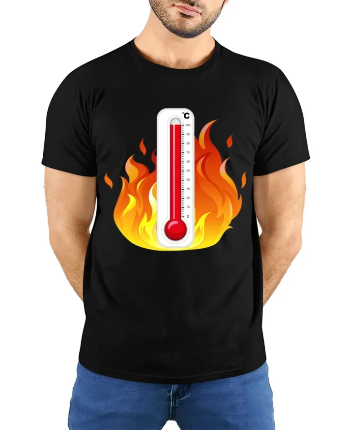 Hot Temperature Thermometer in Flames T-Shirt - model wearing black shirt, hands behind back