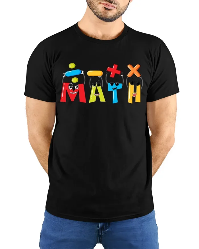 Funny Math Symbols Cool Teacher Student T-Shirt - model wearing black shirt, hands behind back