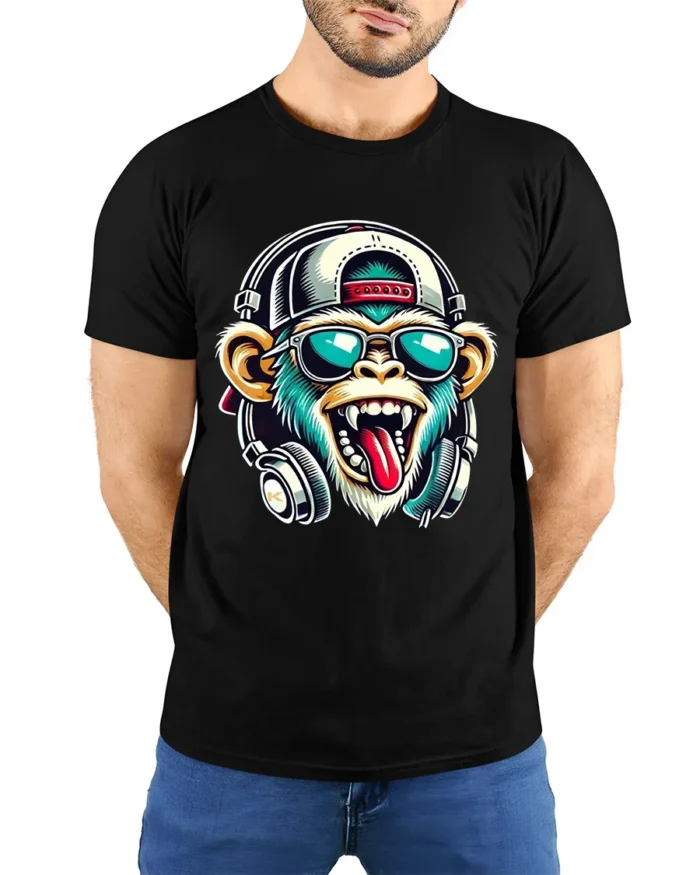 Hip Hop Monkey T-Shirt Trendy Ape Music Lover Tee - model wearing black shirt, hands behind back