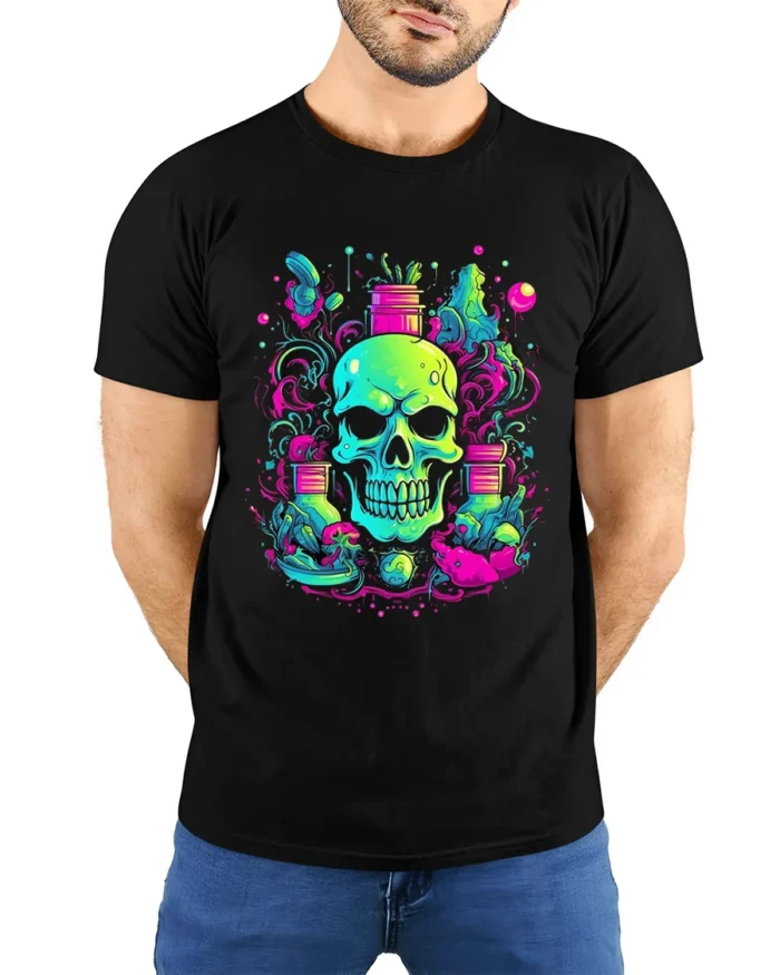 Neon Skull Garden T-Shirt Vibrant Skull Plant - model wearing black shirt, hands behind back