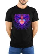 Mystic Heart Tee Intricate Colorful Heart Design - model wearing black shirt, hands behind back