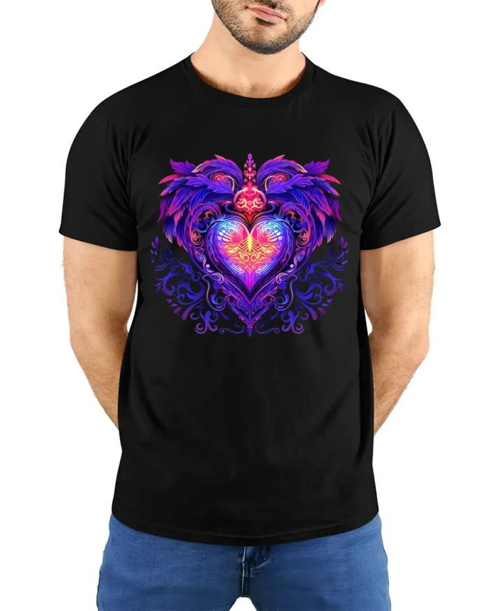 Mystic Heart Tee Intricate Colorful Heart Design - model wearing black shirt, hands behind back